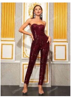 Red Strapless Sequin Fringe Jumpsuit